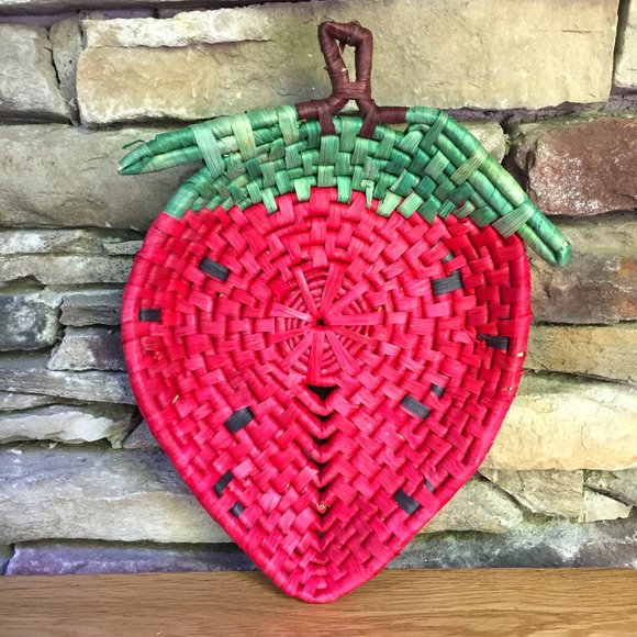 Vintage Strawberry Raffia Basket Cottagecore